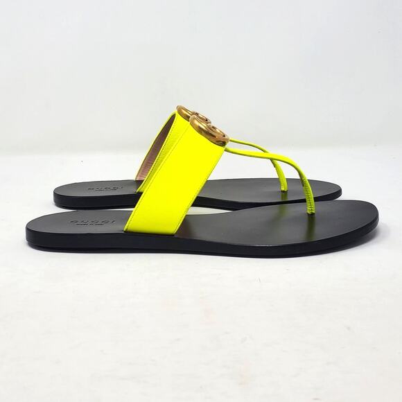 Gucci Marmont GG Sandal Thong Flat With Double G In Yellow Fluo Leather Size 37 - Picture 5 of 11